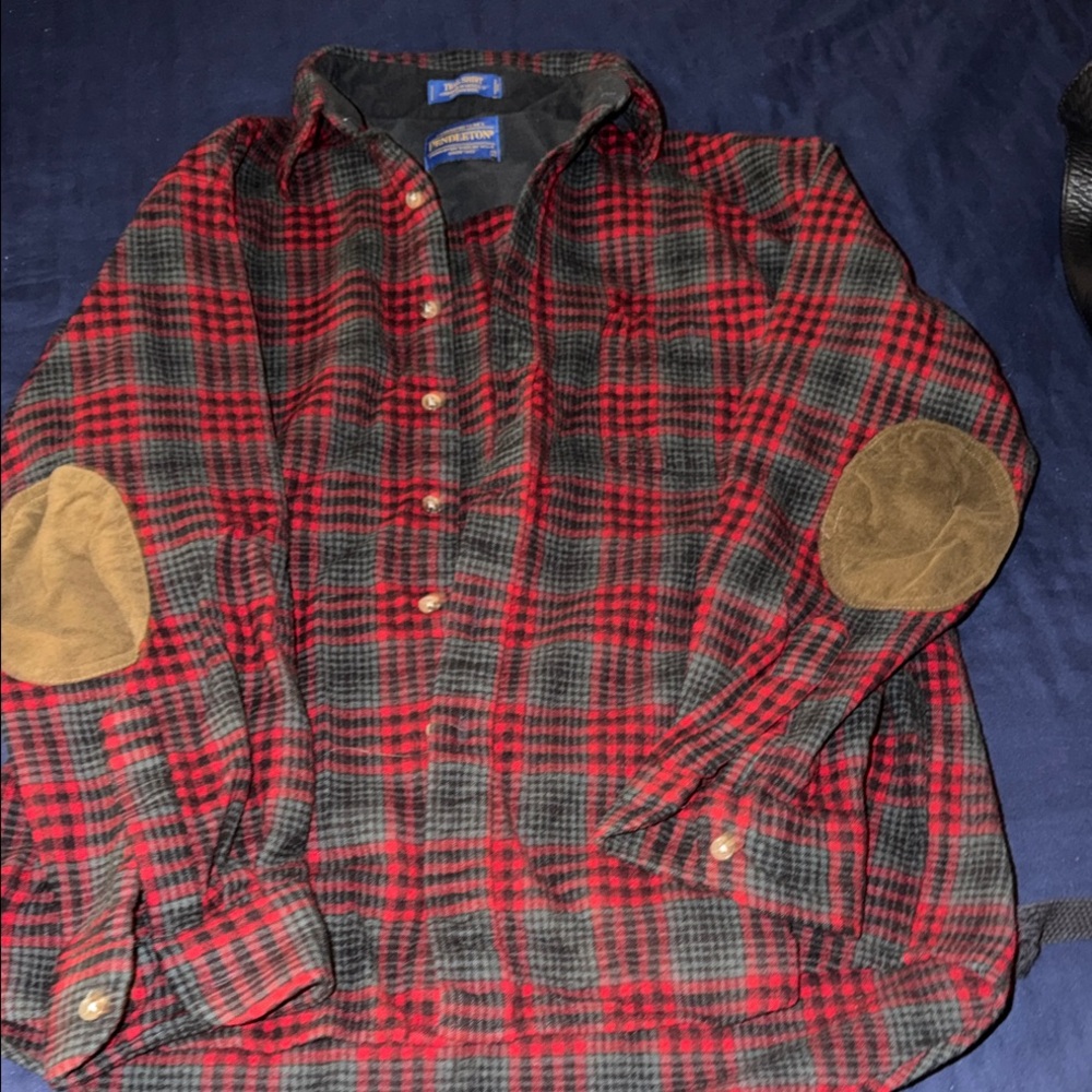 Pendleton Red and Black Plaid Wool Shirt Jacket with Brown Elbow Patches
